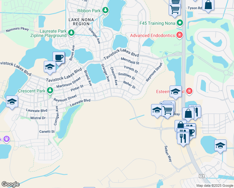 map of restaurants, bars, coffee shops, grocery stores, and more near 9037 Laureate Boulevard in Orlando