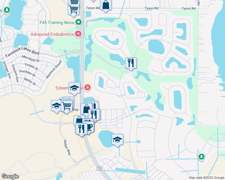 map of restaurants, bars, coffee shops, grocery stores, and more near 8450 Kelsall Drive in Orlando