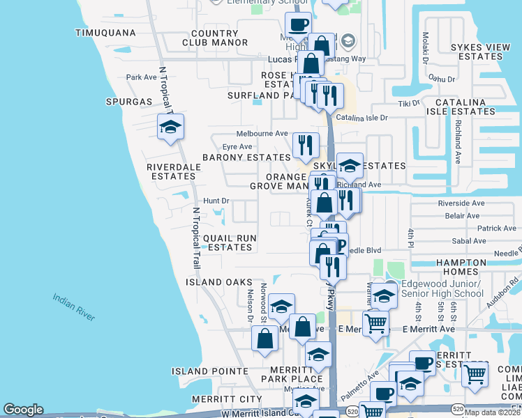 map of restaurants, bars, coffee shops, grocery stores, and more near 660 Buttonwood Drive in Merritt Island