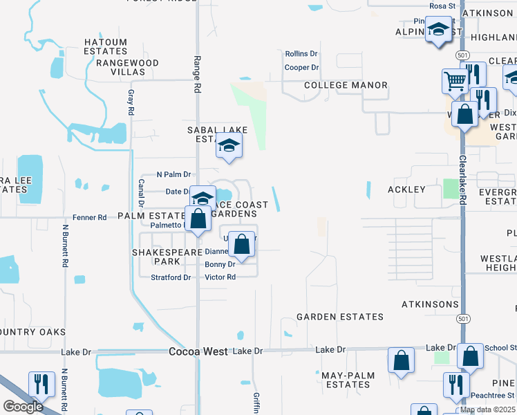 map of restaurants, bars, coffee shops, grocery stores, and more near 2382 Mars Court in Cocoa