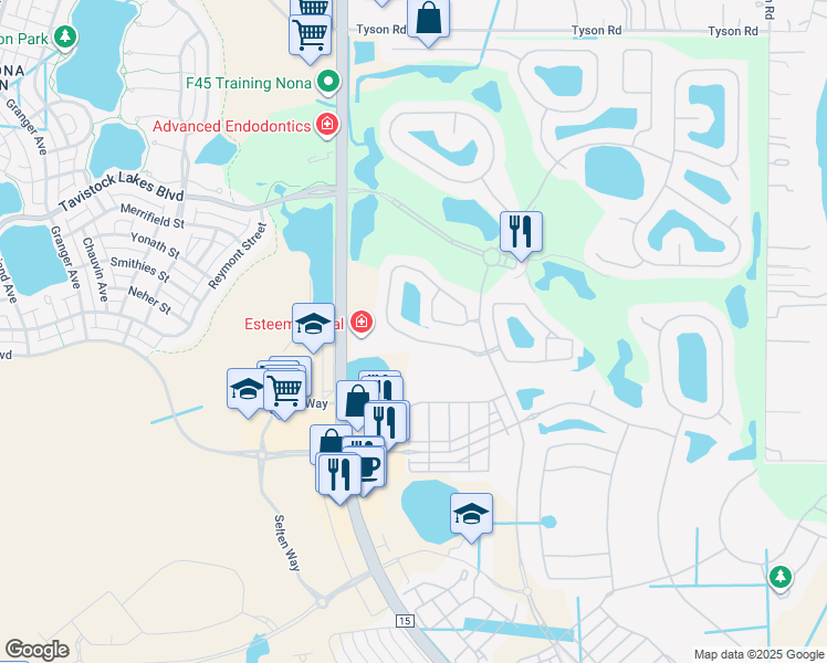 map of restaurants, bars, coffee shops, grocery stores, and more near 8333 Prestbury Drive in Orlando
