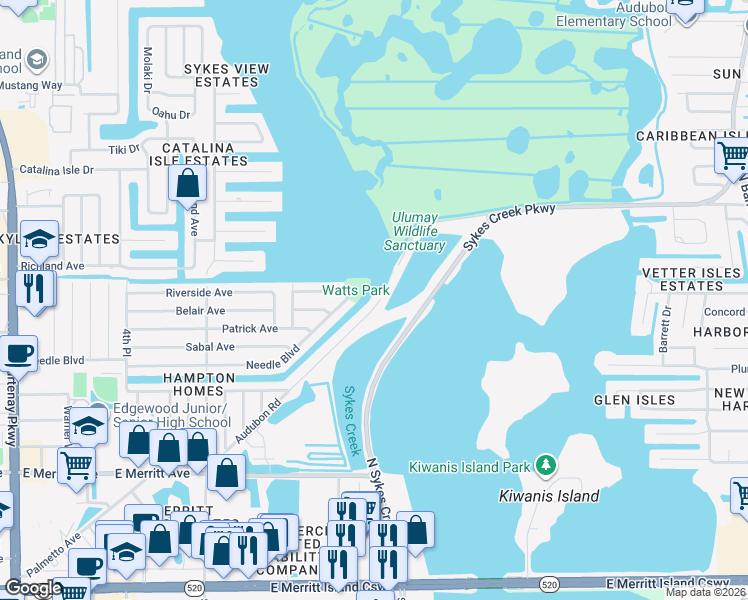 map of restaurants, bars, coffee shops, grocery stores, and more near 1165 Audubon Road in Merritt Island