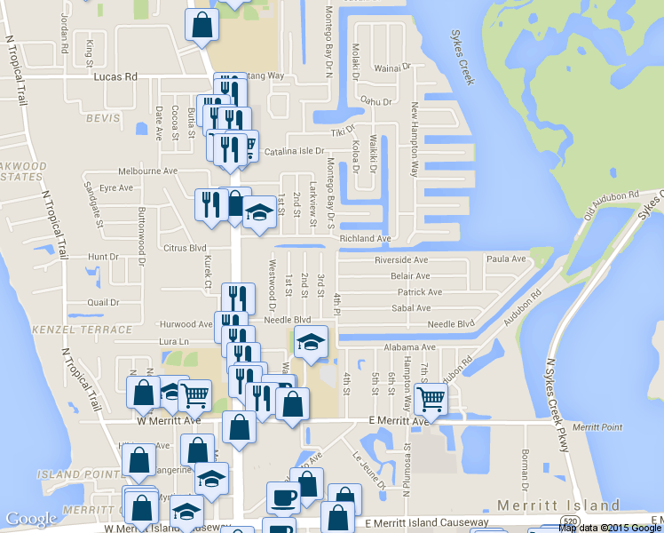 map of restaurants, bars, coffee shops, grocery stores, and more near 421 4th Place in Merritt Island