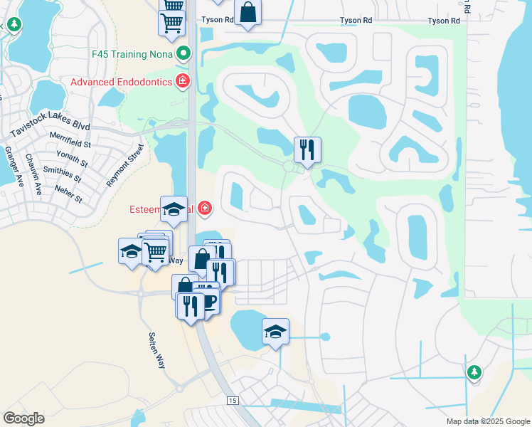map of restaurants, bars, coffee shops, grocery stores, and more near 8450 Kelsall Drive in Orlando