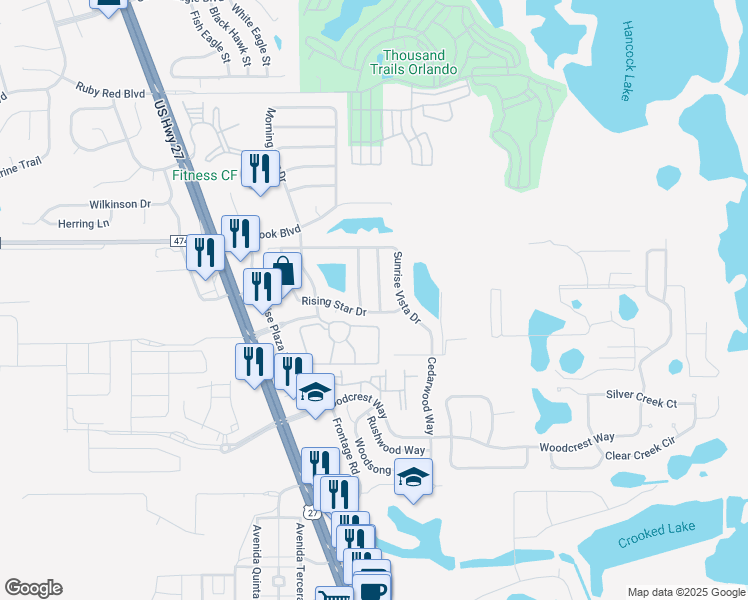 map of restaurants, bars, coffee shops, grocery stores, and more near 1443 Blue Horizon Drive in Clermont