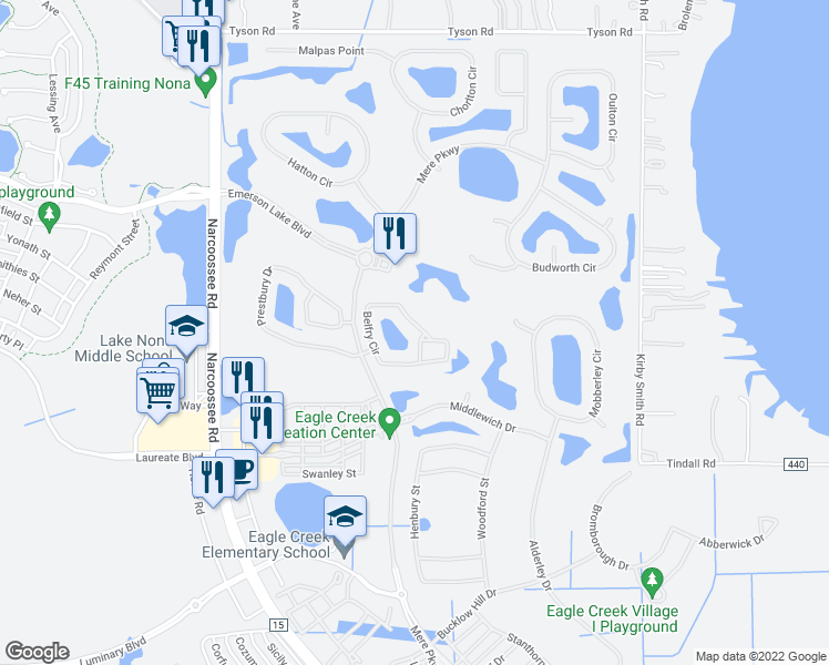map of restaurants, bars, coffee shops, grocery stores, and more near 10536 Belfry Circle in Orlando