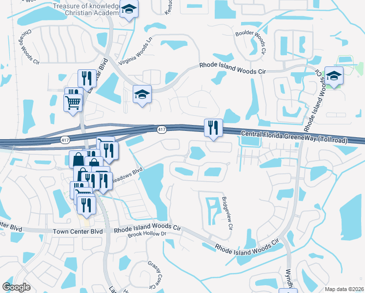 map of restaurants, bars, coffee shops, grocery stores, and more near 1833 Portofino Meadows Boulevard in Orlando