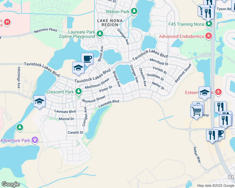 map of restaurants, bars, coffee shops, grocery stores, and more near 9278 Reymont Street in Orlando