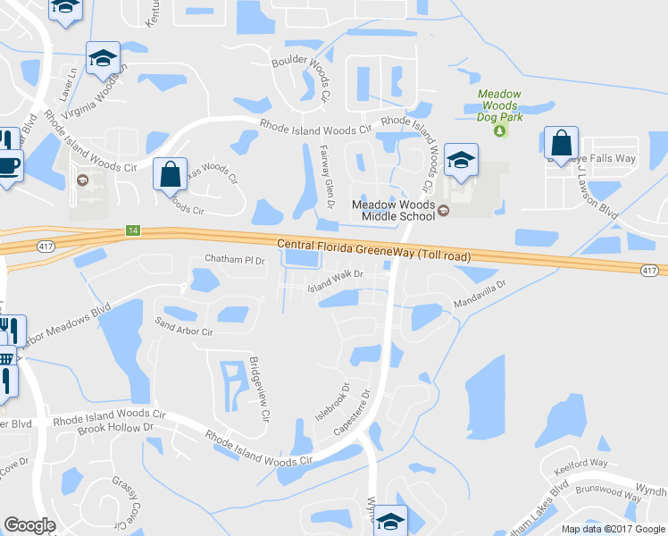 map of restaurants, bars, coffee shops, grocery stores, and more near 2043 Island Brook Lane in Orlando