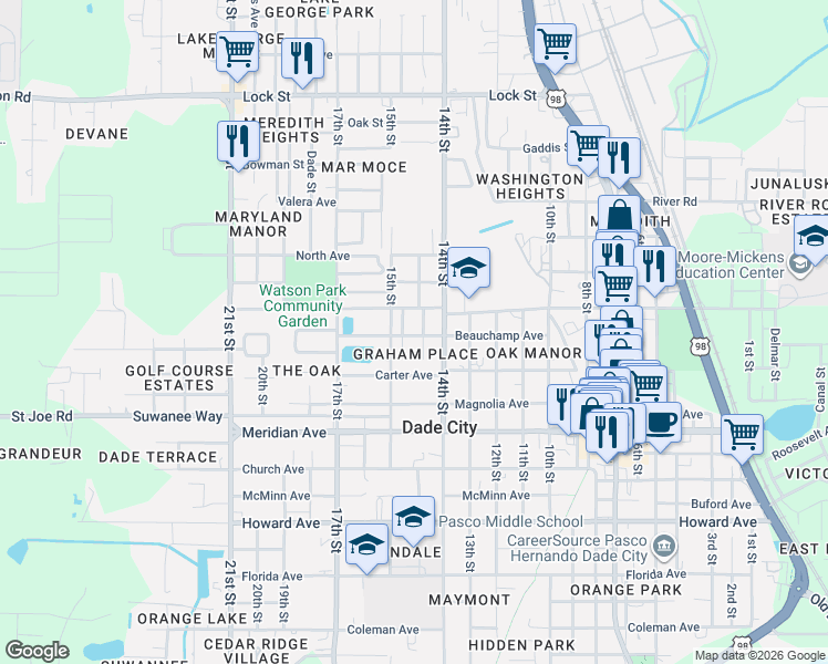 map of restaurants, bars, coffee shops, grocery stores, and more near 37417 Beauchamp Avenue in Dade City