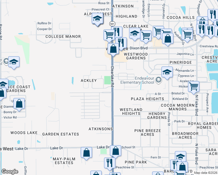 map of restaurants, bars, coffee shops, grocery stores, and more near 1605 Flower Mound Lane in Cocoa