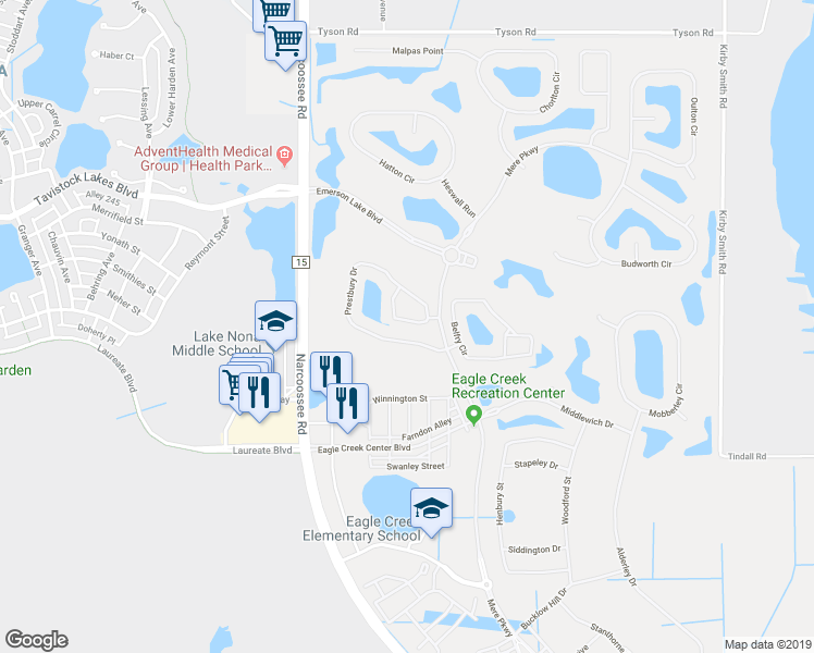 map of restaurants, bars, coffee shops, grocery stores, and more near 8450 Kelsall Drive in Orlando