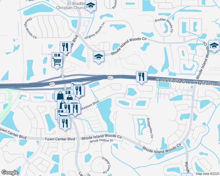 map of restaurants, bars, coffee shops, grocery stores, and more near 1952 Portofino Meadows Boulevard in Orlando