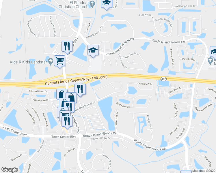 map of restaurants, bars, coffee shops, grocery stores, and more near 1952 Portofino Meadows Boulevard in Orlando
