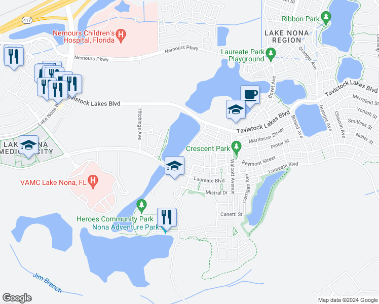 map of restaurants, bars, coffee shops, grocery stores, and more near 13809 Benavente Avenue in Orlando