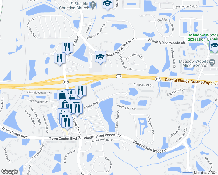 map of restaurants, bars, coffee shops, grocery stores, and more near 1628 Portofino Meadows Boulevard in Orlando