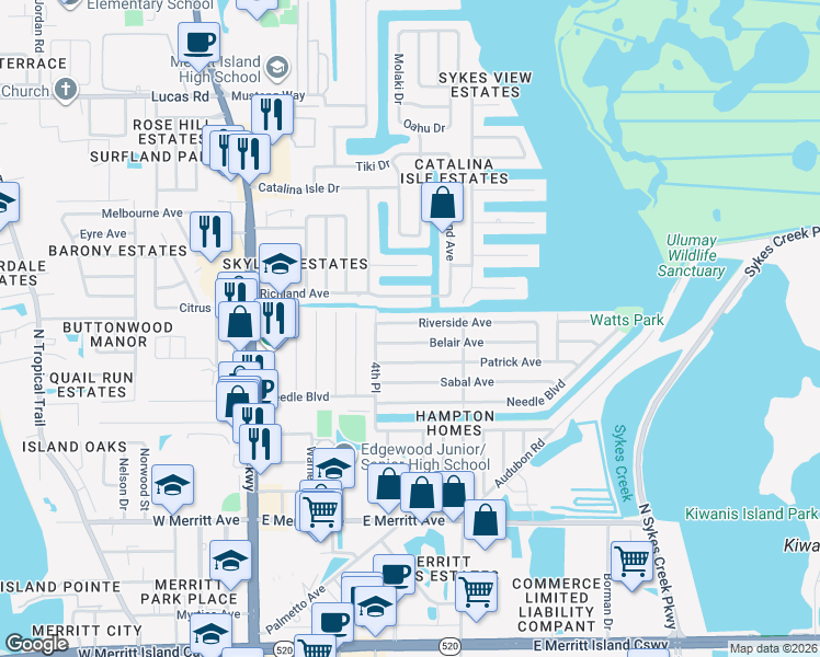 map of restaurants, bars, coffee shops, grocery stores, and more near 295 Riverside Avenue in Merritt Island