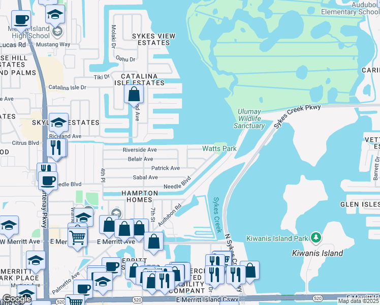 map of restaurants, bars, coffee shops, grocery stores, and more near 565 Paula Avenue in Merritt Island