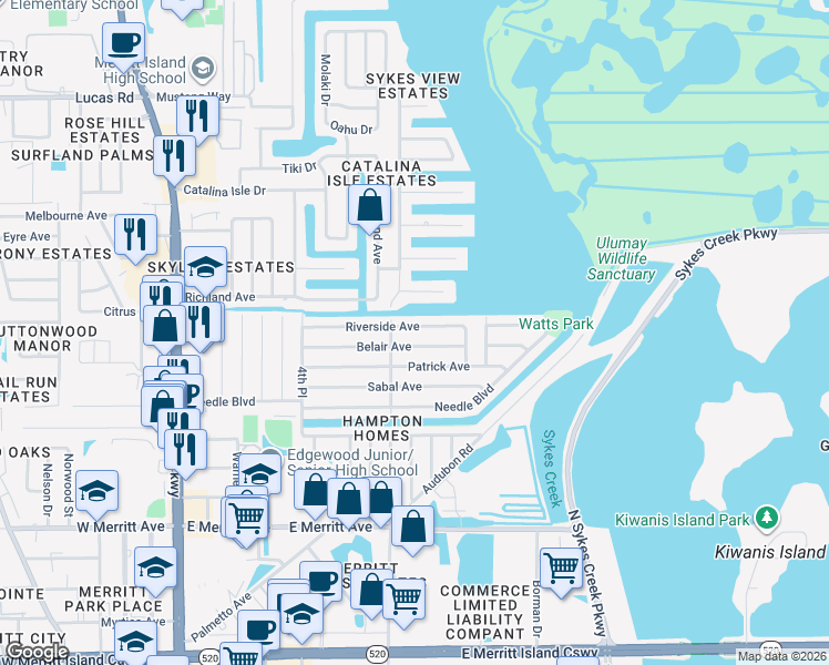 map of restaurants, bars, coffee shops, grocery stores, and more near 425 Riverside Avenue in Merritt Island