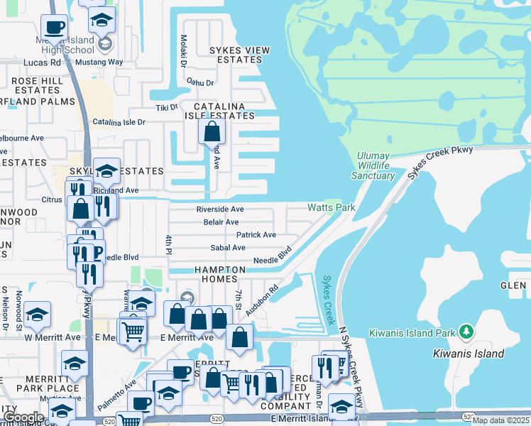 map of restaurants, bars, coffee shops, grocery stores, and more near 495 Riverside Avenue in Merritt Island