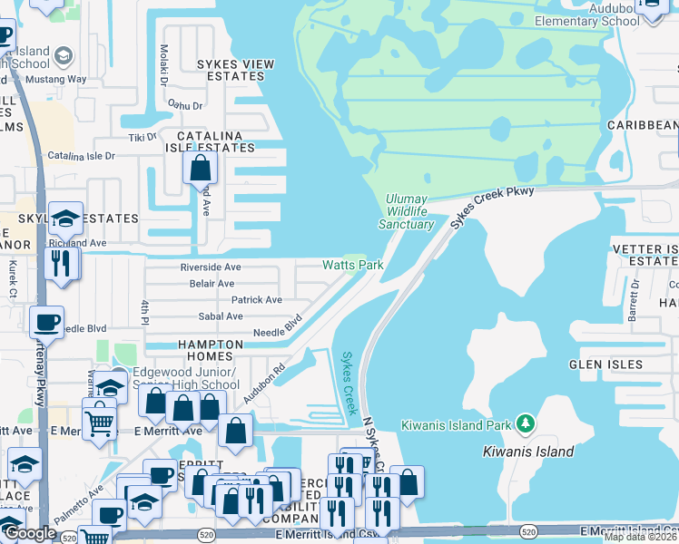 map of restaurants, bars, coffee shops, grocery stores, and more near 680 Needle Boulevard in Merritt Island