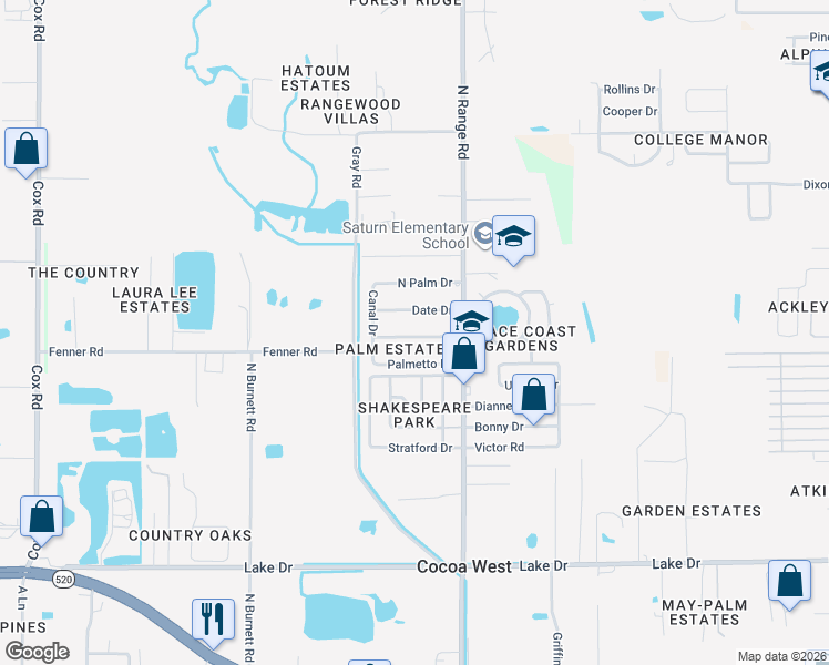 map of restaurants, bars, coffee shops, grocery stores, and more near 2532 Coconut Drive in Cocoa