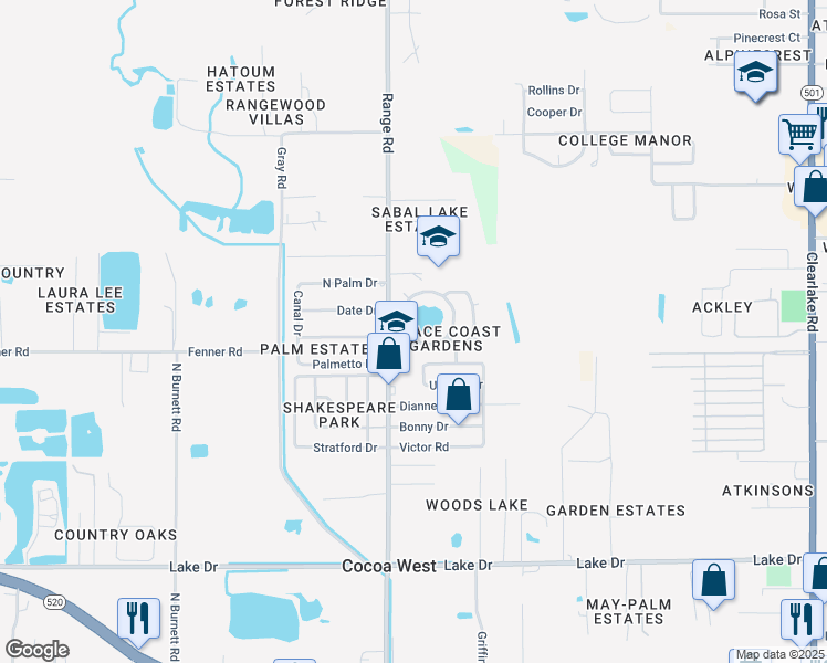 map of restaurants, bars, coffee shops, grocery stores, and more near 788 Lunar Lake Circle in Cocoa