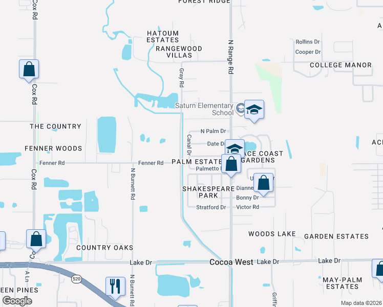 map of restaurants, bars, coffee shops, grocery stores, and more near 902 Canal Drive in Cocoa