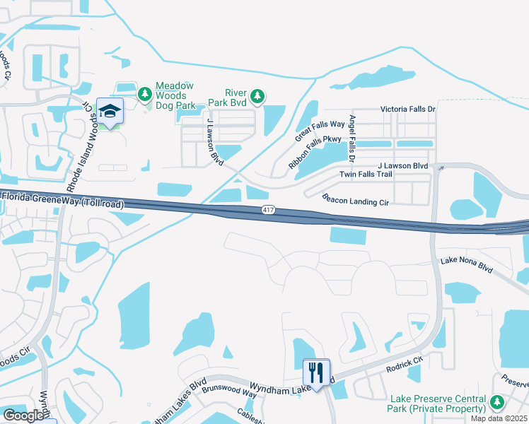 map of restaurants, bars, coffee shops, grocery stores, and more near Central Florida Greeneway in Orlando