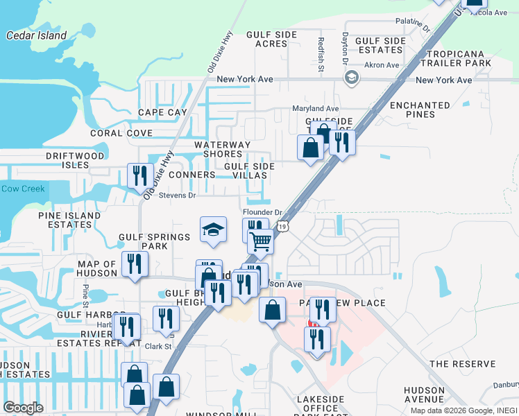map of restaurants, bars, coffee shops, grocery stores, and more near 7427 Flounder Drive in Hudson