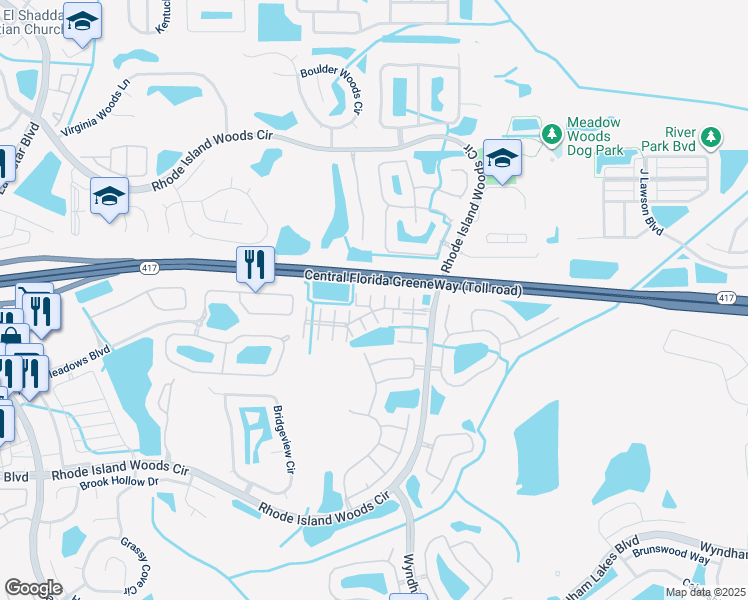 map of restaurants, bars, coffee shops, grocery stores, and more near 2043 Island Brook Lane in Orlando