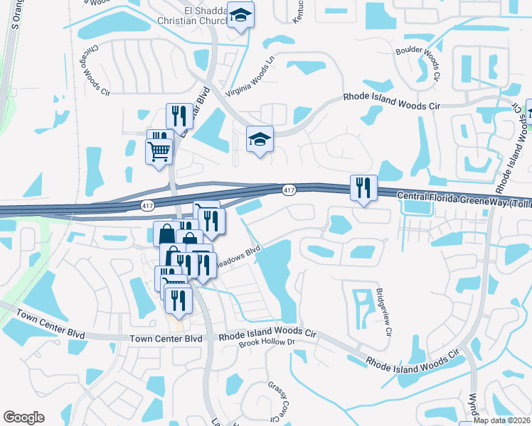 map of restaurants, bars, coffee shops, grocery stores, and more near 1575 Portofino Meadows Boulevard in Orlando