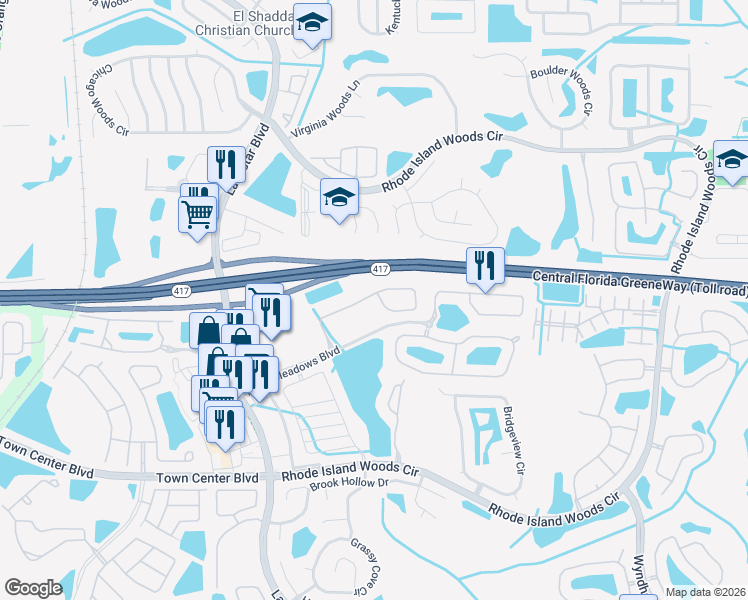 map of restaurants, bars, coffee shops, grocery stores, and more near 1985 Portofino Meadows Boulevard in Orlando