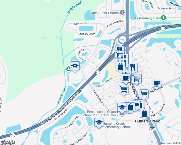 map of restaurants, bars, coffee shops, grocery stores, and more near 13312 Twinwood Lane in Orlando
