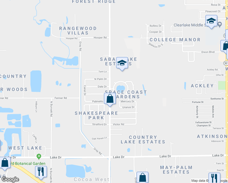map of restaurants, bars, coffee shops, grocery stores, and more near 793 Lunar Lake Circle in Cocoa
