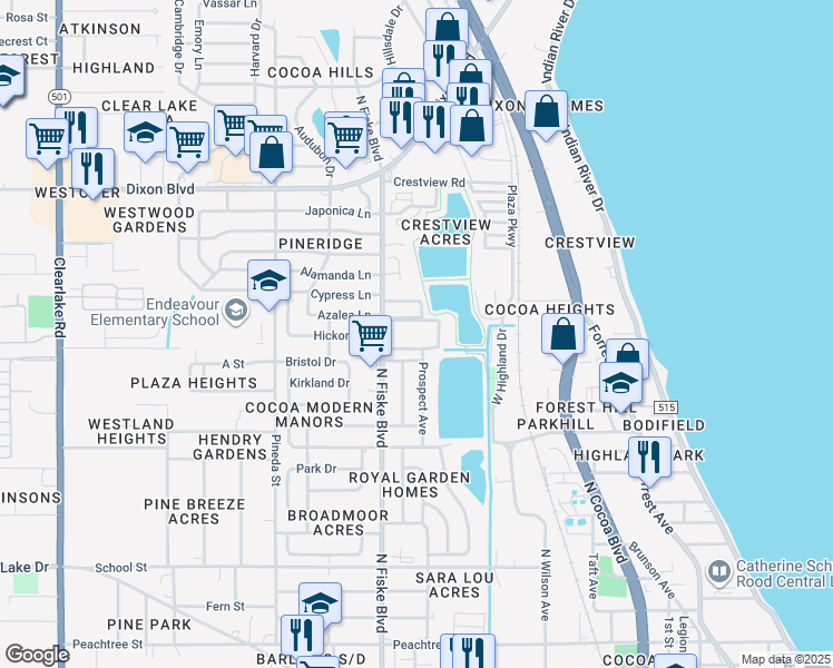 map of restaurants, bars, coffee shops, grocery stores, and more near 800 North Fiske Boulevard in Cocoa