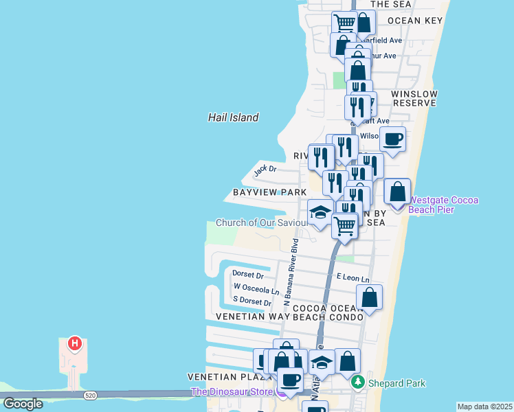 map of restaurants, bars, coffee shops, grocery stores, and more near 320 Kent Drive in Cocoa Beach