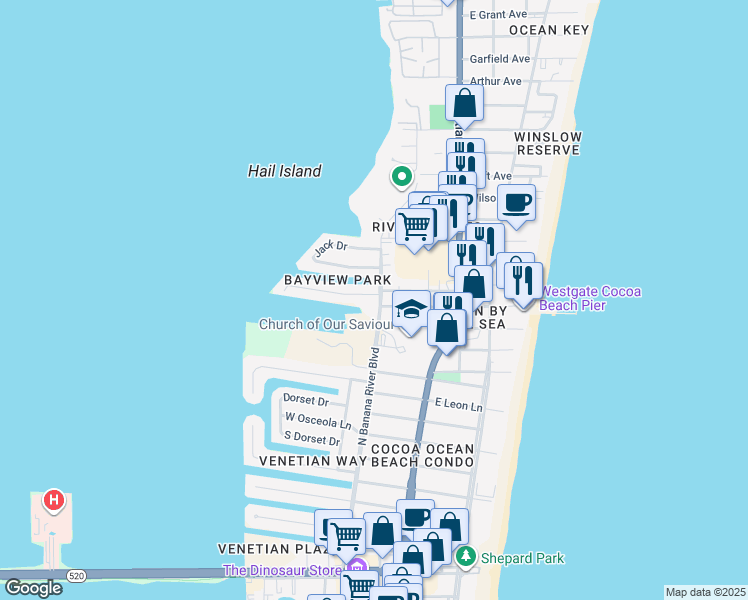 map of restaurants, bars, coffee shops, grocery stores, and more near 302 Kent Drive in Cocoa Beach