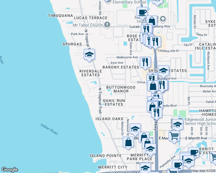 map of restaurants, bars, coffee shops, grocery stores, and more near 355 Hunt Drive in Merritt Island