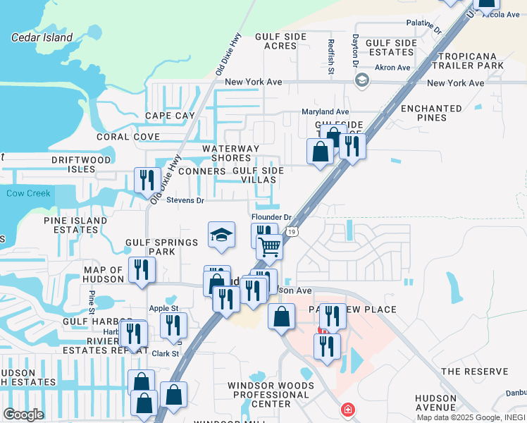 map of restaurants, bars, coffee shops, grocery stores, and more near 7415 Flounder Drive in Hudson