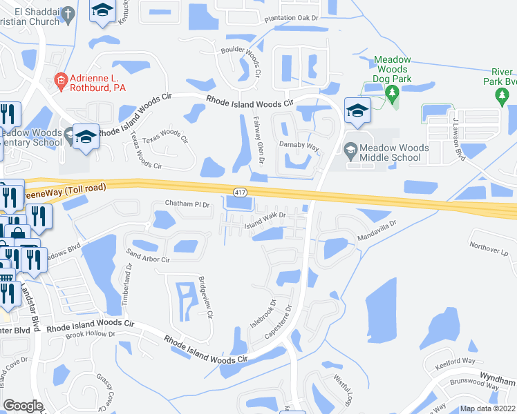map of restaurants, bars, coffee shops, grocery stores, and more near 2015 Island Brook Lane in Orlando