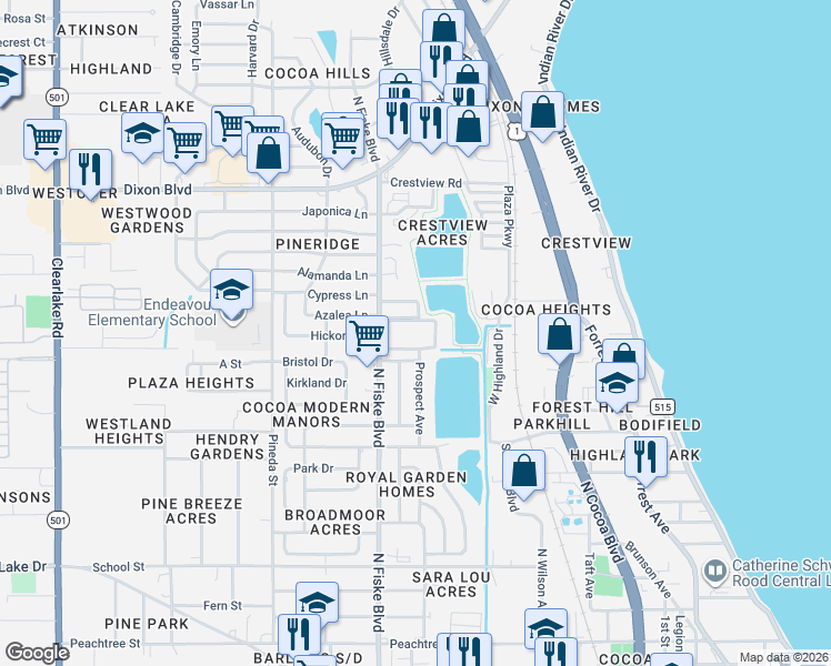 map of restaurants, bars, coffee shops, grocery stores, and more near 800 North Fiske Boulevard in Cocoa