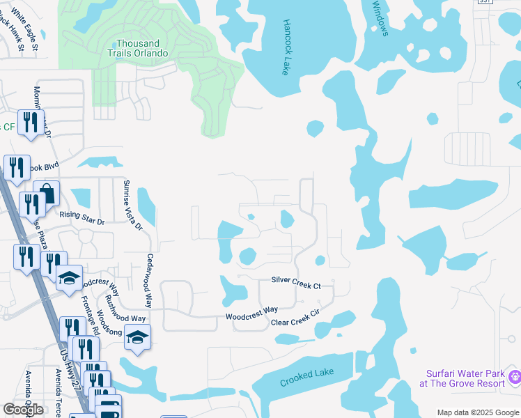 map of restaurants, bars, coffee shops, grocery stores, and more near 17349 Serenidad Boulevard in Clermont