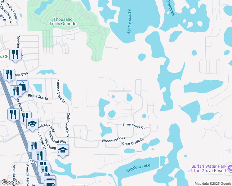 map of restaurants, bars, coffee shops, grocery stores, and more near 17349 Serenidad Boulevard in Clermont
