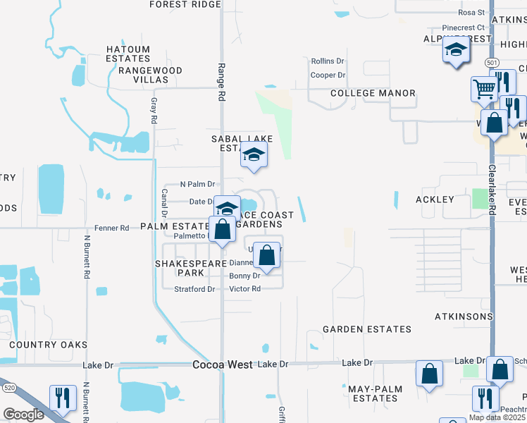 map of restaurants, bars, coffee shops, grocery stores, and more near 748 Lunar Lake Circle in Cocoa