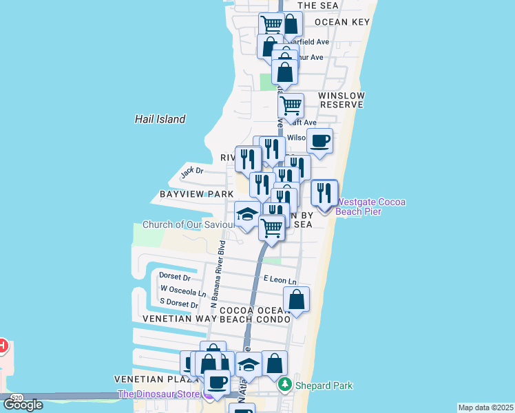 map of restaurants, bars, coffee shops, grocery stores, and more near 102 South Shepard Drive in Cocoa Beach