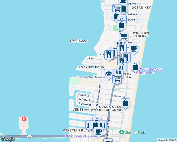 map of restaurants, bars, coffee shops, grocery stores, and more near 320 Kent Drive in Cocoa Beach
