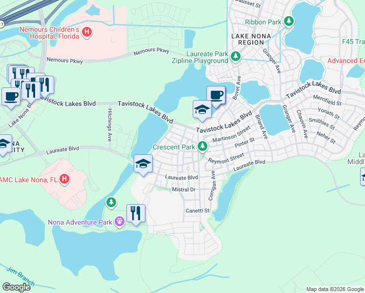 map of restaurants, bars, coffee shops, grocery stores, and more near 8247 Sulston Street in Orlando