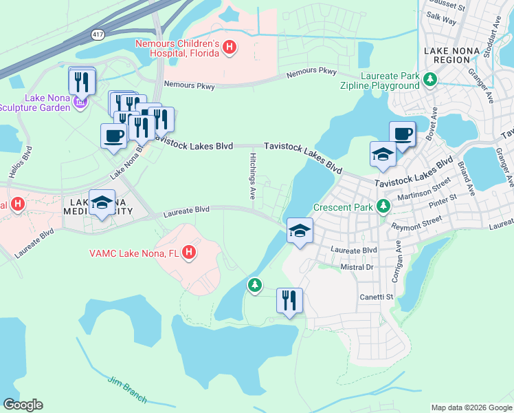 map of restaurants, bars, coffee shops, grocery stores, and more near 7517 Laureate Boulevard in Orlando