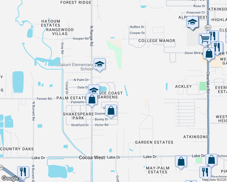 map of restaurants, bars, coffee shops, grocery stores, and more near 763 Lunar Lake Circle in Cocoa